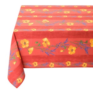 POPPY LAVENDER SALMON Cotton Coated Rectangle Table Cover - French Oilcloth Spill Water Proof Fabric - French Country Provence Flowers Decor