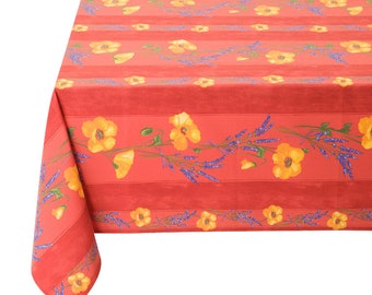 POPPY LAVENDER SALMON Rectangle Cotton Coated Table Cover French Oilcloth Spill Water Proof Fabric French Country Provence Flowers Decor
