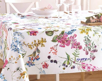 SYLVIE French Country Wild Flowers Berries Rectangle Tablecloths - French Oilcloth Spill Proof Wipe Off Fabric - Elegant Home Table Decor