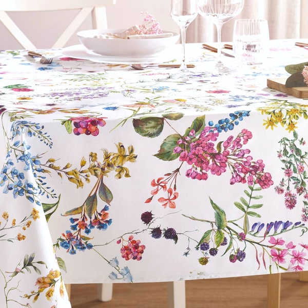 SYLVIE French Country Wild Flowers Berries Rectangle Tablecloths - French Oilcloth Spill Proof Wipe Off Fabric - Elegant Home Table Decor