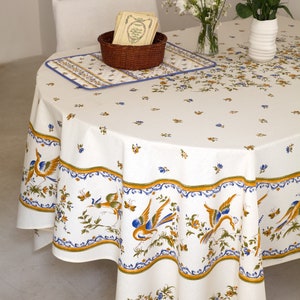 98&quot; MOUSTIER BLUE Rectangle Acrylic Cotton Coated Tablecloth - French Country Oilcloth Laminated Wipe Off Table cloths-Home Table Decor Gift