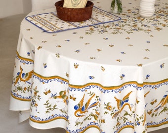 98" MOUSTIER BLUE Rectangle Acrylic Cotton Coated Tablecloth French Country Oilcloth Laminated Wipe Off Table cloths Home Table Decor Gift