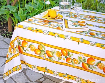 LEMON WHITE Rectangle Cotton Coated Tablecloth French Oilcloth Wipeable Fabric Indoor Outdoor Dining Picnic Party Table Cover Summer Gift