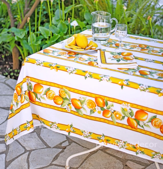 LEMON WHITE Rectangle Cotton Coated Tablecloth French Oilcloth Wipeable Fabric Indoor Outdoor Dining Picnic Party Table Cover Summer Gift
