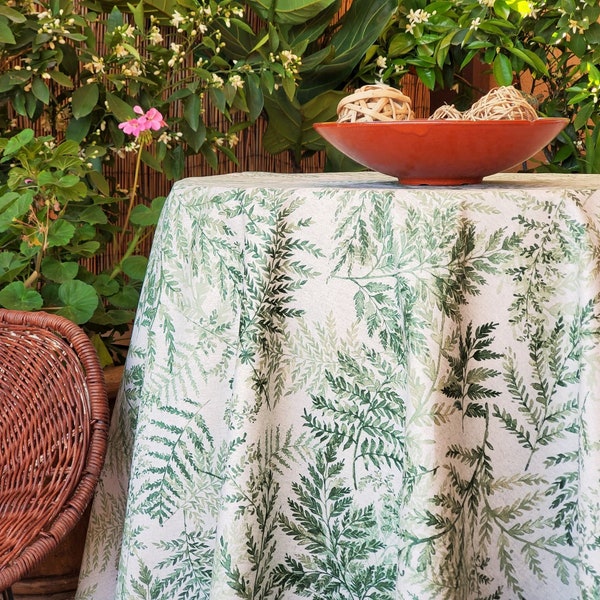 88in ZEN GARDEN Round Cotton Coated Tablecloth French Oil cloth Spill Proof Easy Clean Wipe Off Tablecloth Nature Fern Leaves Table Decor