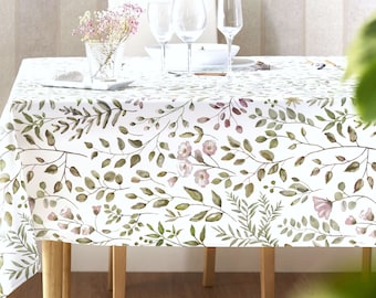 SERENE GARDEN Cotton Coated Rectangle Tablecloths - French Oil cloth Spill Wipe Off Fabric - Elegant Nature Rectangular Party Table Cover