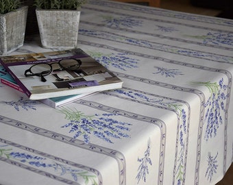 LAVENDER WHITE GRAY Cotton Coated Rectangle Tablecloth - French Oilcloth Easy Wipe Off Fabric - French Country Provence Lavender Home Decor
