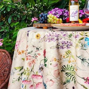 88&quot; AMELIE WILDFLOWERS Round Tablecloths French Oilcloth Coated Fabric Wipeable Circular Table Cloth Wedding Birthday Gift Party Table Cover