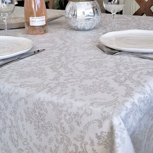 AMBOISE SILVER GRAY French Luxury Design Rectangular Tablecloth - French Oilcloth Stain Resistant Wipe Off Fabric -Elegant Party Table Cover