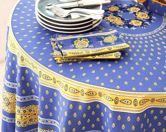 70" BASTIDE BLUE YELLOW Round Printed Cotton Tablecloth French Country Circular Table Cover Provencal Farmhouse Dining Party Decor Gift
