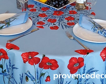POPPY LAVENDER SKY Blue Cotton Coated 98 in Rectangular Tablecloth - French Oilcloth Spill Proof Wipe Off Fabric - French Country Home Decor