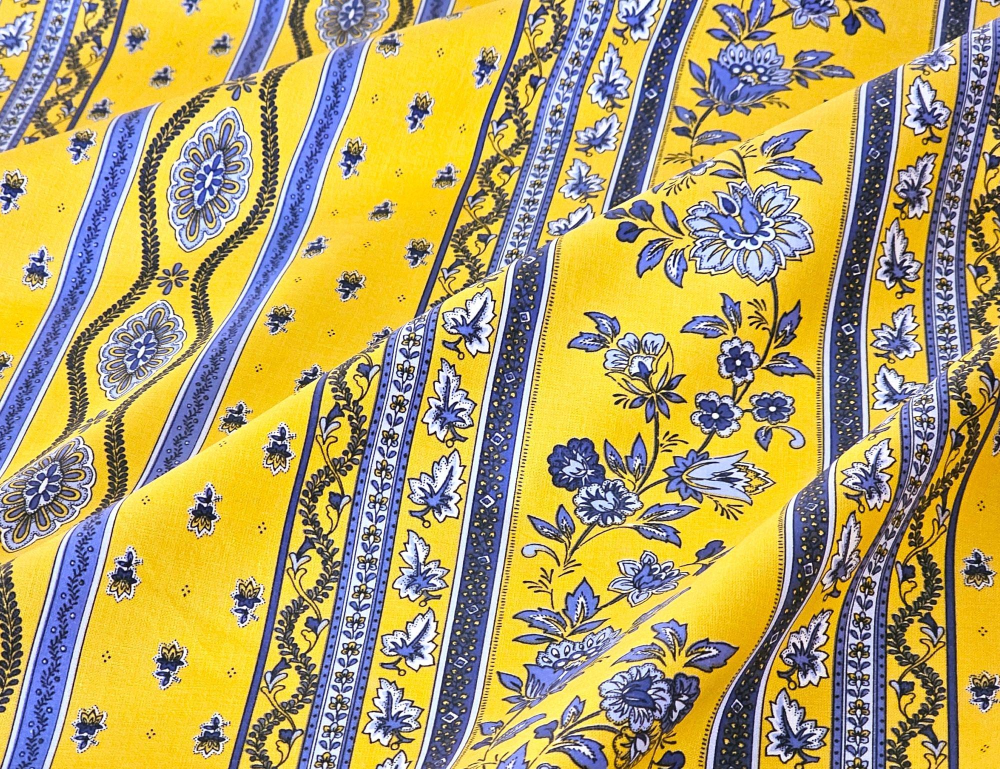 AVIGNON YELLOW BLUE Fabric by the Yard 61in wide Acrylic Cotton Coated - French Oilcloth Wipeable Stain Resistant Material Art Craft Project