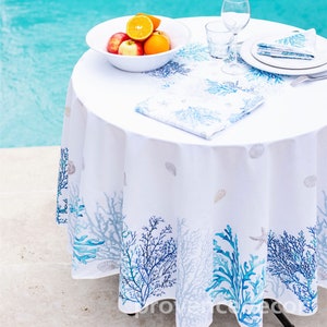 70in MEDITERRANEAN BLUE Round Cotton Coated Tablecloths French Oilcloth Stain Water Resistant Wipeable Cloth Decorative Beach Home Party