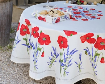 70" POPPY LAVENDER WHITE Printed Cotton Round Tablecloths - French Country Provence Wildflowers Table Cover - Farmhouse Home Decor Gifts