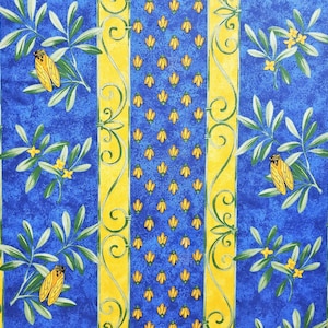 May include: Blue and yellow striped fabric with a repeating pattern of olive branches, yellow flowers, and yellow cicadas.
