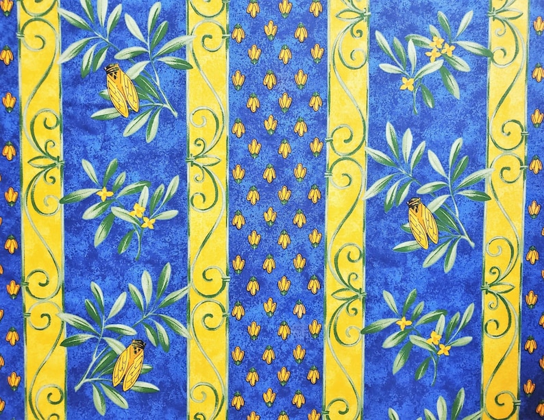 May include: Blue and yellow striped fabric with a repeating pattern of olive branches, yellow flowers, and yellow cicadas.