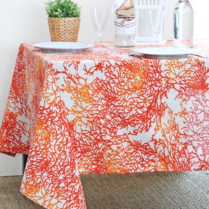 FRENCH RIVIERA CORAL Cotton Coated Rectangle Table cloth - French Oil Cloth Wipe Off Rectangular Table Cover - Coral Reefs Beach Home Decor