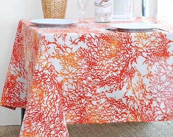 FRENCH RIVIERA CORAL Cotton Coated Rectangle Table cloth - French Oil Cloth Wipe Off Rectangular Table Cover - Coral Reefs Beach Home Decor