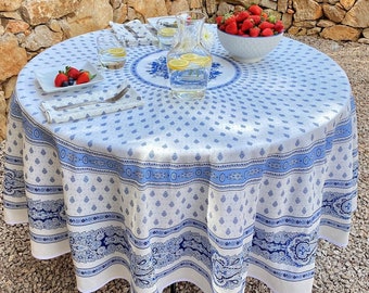 70in BASTIDE WHITE BLUE Round Acrylic Cotton Coated Tablecloths French Country Oilcloth Stain Resistant Wipe Off Fabric Table Home Decor