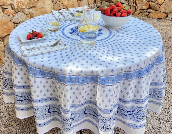 70in BASTIDE WHITE BLUE Round Acrylic Cotton Coated Tablecloths French Country Oilcloth Stain Resistant Wipe Off Fabric Table Home Decor