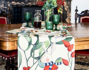 SALE! CHRISTMAS TOYS Linen Table Runner - Elegant Xmas Table Accent - Holidays Center Piece or Placemat - Home Decor Christmas Gift Ideas