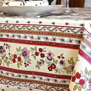 AVIGNON BEIGE BURGUNDY Rectangular Country Provence Coated Cotton Tablecloths French Oilcloth Spill Proof Wipe Off Table Cover Home Decor
