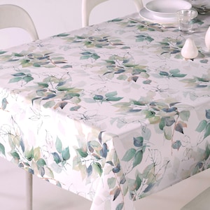 ADELE NATURE GREEN French Cotton Coated Rectangle Tablecloth Leaf Print Wipeable Fabric Spring Summer Dining Room Kitchen Decor Gift Accent