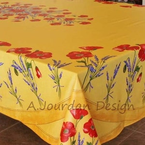 POPPY LAVENDER YELLOW Rectangle Cotton Coated Tablecloth French Oilcloth Spill Proof Wipe Off Fabric French Country Flowers Table Decor