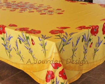 POPPY LAVENDER YELLOW Rectangle Cotton Coated Tablecloth French Oilcloth Spill Proof Wipe Off Fabric French Country Flowers Table Decor