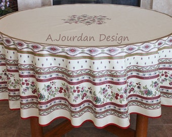 70" AVIGNON BEIGE BURGUNDY Acrylic Cotton Coated Round Tablecloth -French Oilcloth Indoor Outdoor Easy Clean Wipeable Party Table Home Decor