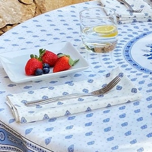 May include: A white tablecloth with a blue and white paisley pattern. A white plate with strawberries and blueberries is on the tablecloth. A white napkin with a blue and white paisley pattern is folded on the tablecloth. A glass of water with a lemon slice is on the tablecloth.