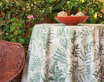 70in ZEN GARDEN Round Cotton Coated Tablecloth French Oilcloth Spill Proof Easy Clean Wipeable Tablecloths Fern Leaves Design Home Decor