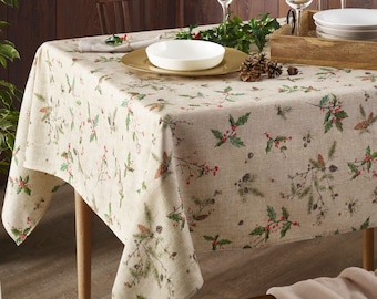 CHRISTMAS TIME Cotton Coated Rectangle Tablecloths - French Oilcloth Spill Wipeable Xmas Rectangular Table Cover - Holidays Decoration Gifts