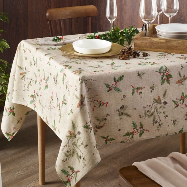 CHRISTMAS TIME Cotton Coated Rectangle Tablecloths - French Oilcloth Spill Wipeable Xmas Rectangular Table Cover - Holidays Decoration Gifts