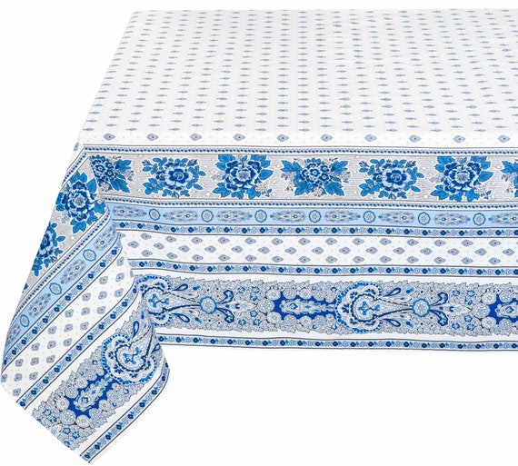 BASTIDE WHITE BLUE Rectangular French Country Tablecloth Provence Acrylic Cotton Coated Wipe Off Fabric Indoor Outdoor Party Table Decor