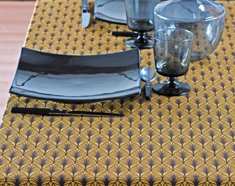 ABSTRACT FEATHERS MUSTARD Modern Geometric Fashion Design Coated Cotton Rectangle Tablecloths - French Oilcloth Wipe Spill Proof Table Decor