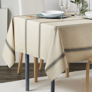 BASQUE BLUE Contemporary Cotton Coated Tablecloth - French Oilcloth Spill Proof Easy Wipe Off Table Cover - Indoor Outdoor Party Table Decor