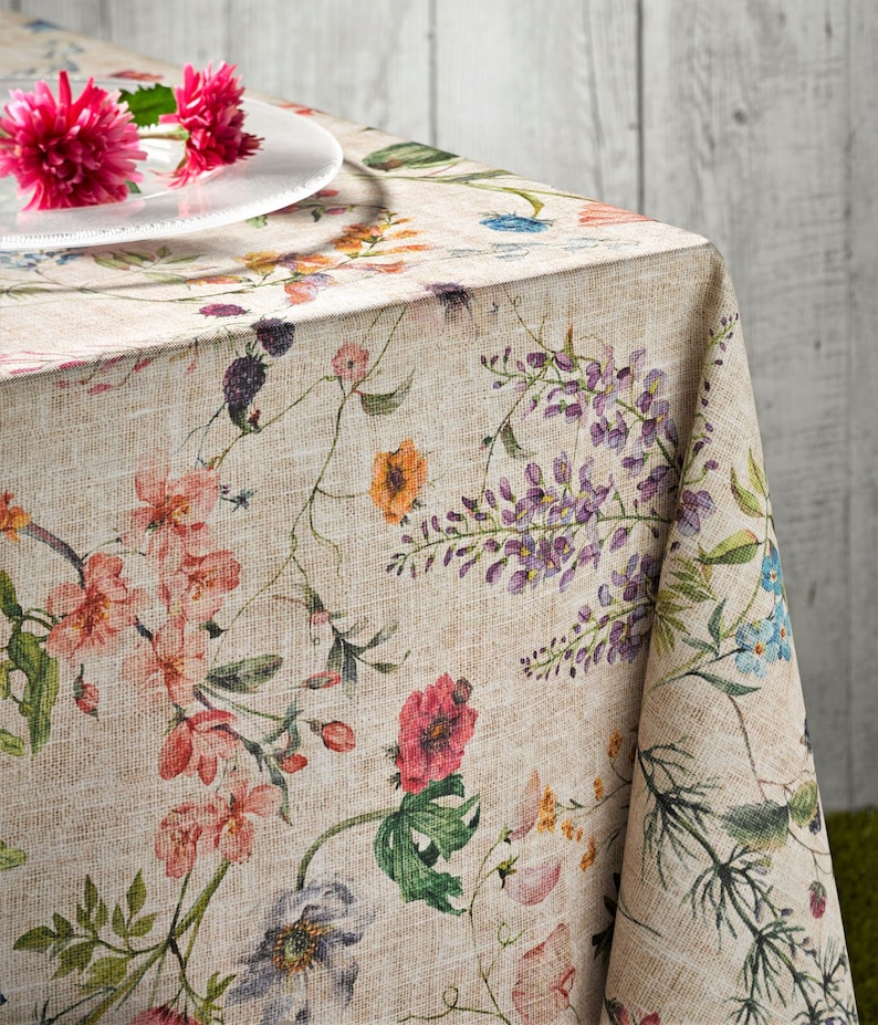 AMELIE French Country Wildflowers Berries Rectangular Tablecloth Acrylic Cotton Coated Wipe Off Fabric Indoor Outdoor Party Table Decor image 2