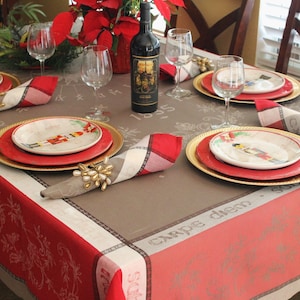 CARPE DIEM RED Jacquard Woven Cotton Tablecloth Teflon Coated Provence French Country Farmhouse Holiday Christmas Wedding Gift Party Decor