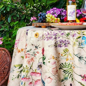 60&quot; AMELIE WILDFLOWERS Round Tablecloth French Oilcloth Coated Spill Proof Wipeable Fabric Circular Wedding Birthday Gift Party Table cloths