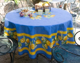 70in LEMON BLUE Round Printed Cotton Tablecloth French Country Provence Fruits Flowers Table Cover Farmhouse Fabric Home Party Decor Gifts