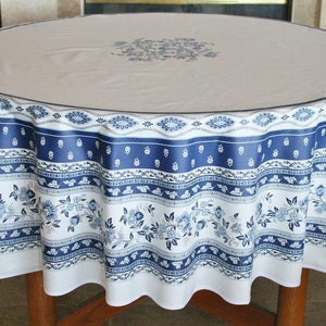 90" AVIGNON WHITE BLUE Round Table cloths - French Oil cloth Cotton Coated Spills Wipe Off Fabric Circular Table Cover Party Home Decoration