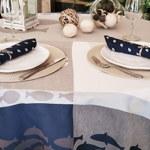 OCEAN NAVY BEIGE Jacquard Woven Teflon Cotton Coated Reversible French Table cloths - French Riviera Ocean Lovers Tablecloth Home Decor Gift