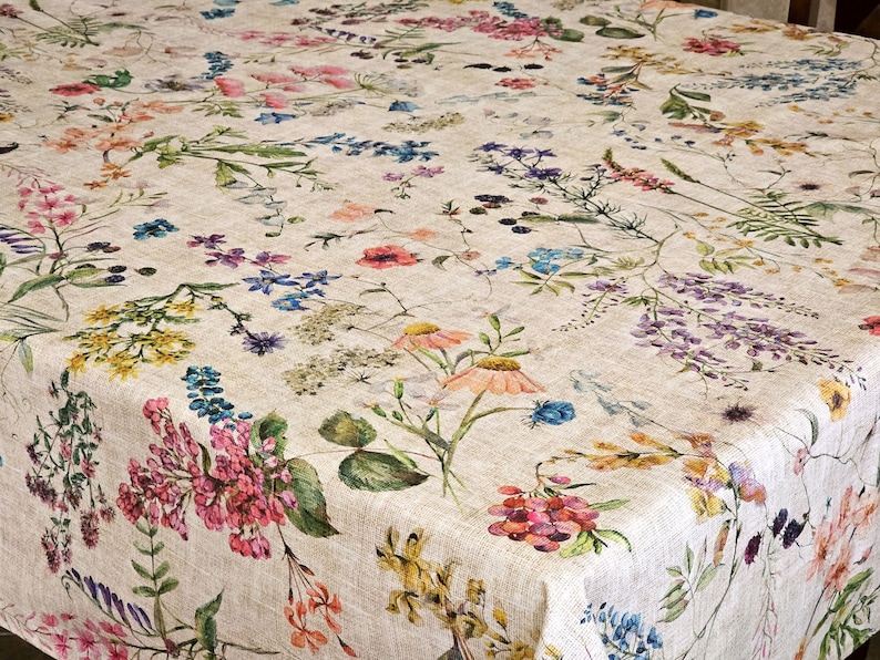 AMELIE French Country Wildflowers Berries Rectangular Tablecloth Acrylic Cotton Coated Wipe Off Fabric Indoor Outdoor Party Table Decor image 7