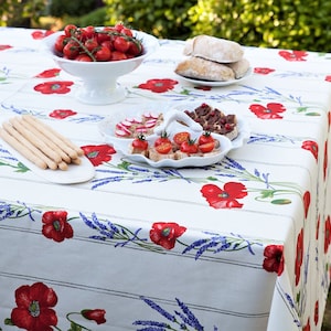 POPPY LAVENDER WHITE Cotton Coated Rectangular Table Cover - French Oilcloth Stain Water Proof Wipe Off - French Country Flowers Tablecloths