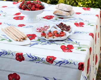 POPPY LAVENDER WHITE Cotton Coated Rectangular Table Cover - French Oilcloth Stain Water Proof Wipe Off - French Country Flowers Tablecloths