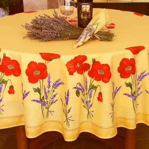 70&quot; POPPY LAVENDER YELLOW Acrylic Coated Cotton Tablecloths -French Country Flowers Oil cloth Spill Wipe Off Circular Cloth Home Table Decor