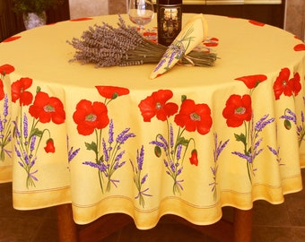 70in POPPY LAVENDER YELLOW Round Acrylic Coated Cotton Tablecloths French Country Flowers Oil Cloth Spill Wipe Off Home Table Decor