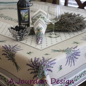 PROVENCE LAVENDER NATURAL Cotton Coated Rectangle Tablecloth- French Country Oilcloth Spill Proof Wipe Off Cloth- Olive Lavender Table Decor