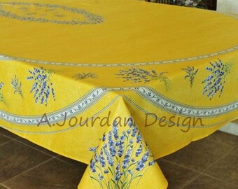 LAVENDER YELLOW Cotton Coated Rectangle Tablecloth - French Oilcloth Spill Proof Wipe Off Cloth -French Country Provence Lavender Home Decor